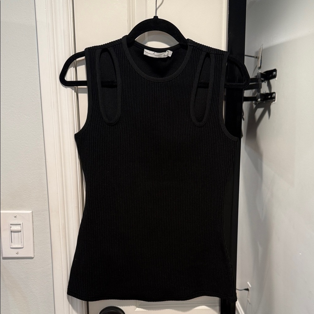 Black Ribbed Tank with Double Shoulder Cutouts - Women